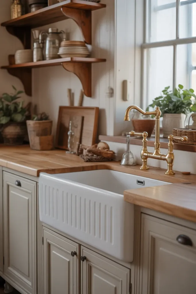  Farmhouse Sink with Vintage Brass Fixtures