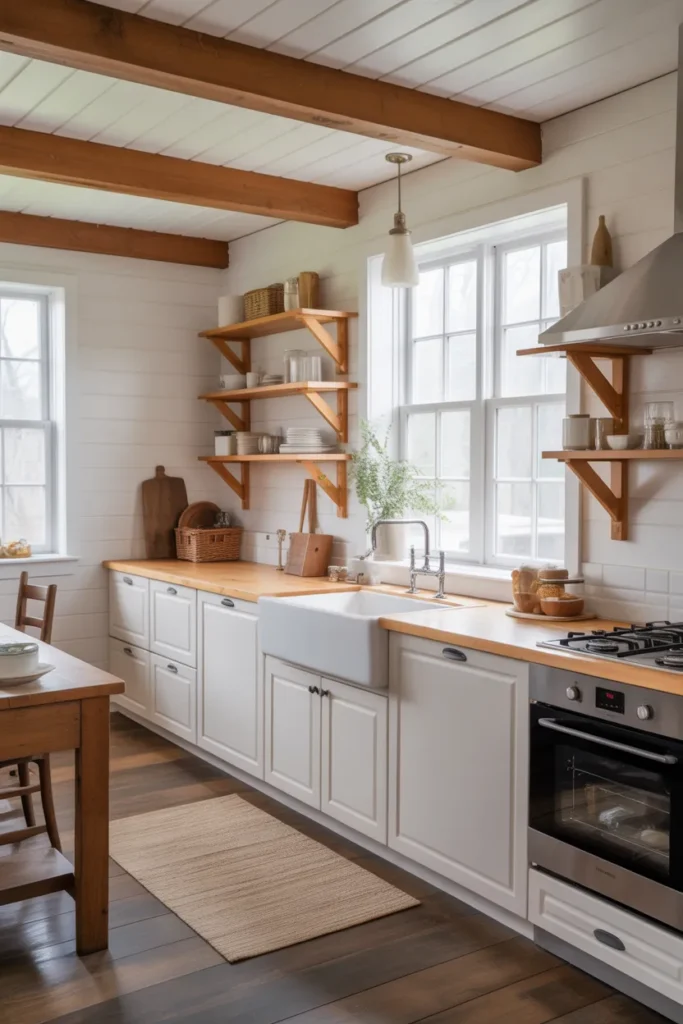  White Shaker Cabinets with Rustic Wood Accents