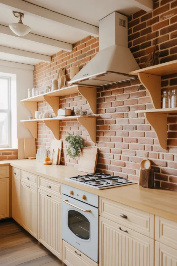 Brick Backsplash with Light Wood Accents