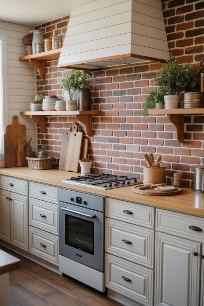 Brick Backsplash with Shiplap Farmhouse Elements