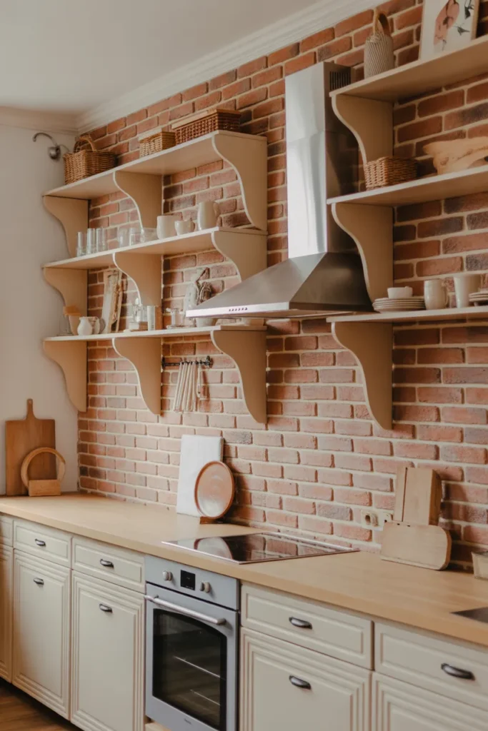 Brick Backsplash with Neutral Open Shelving