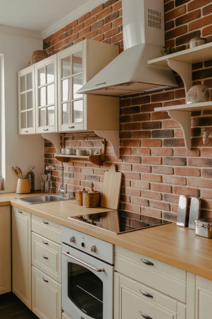 Brick Backsplash in a Small Farmhouse Kitchen