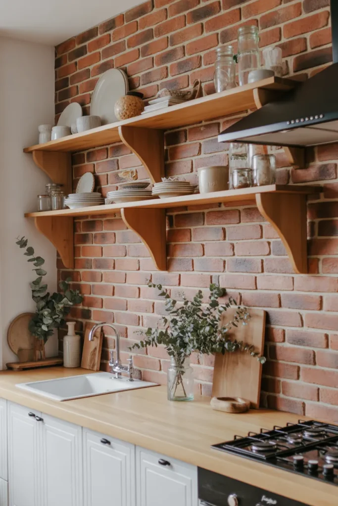 Exposed Brick Backsplash with Open Shelving