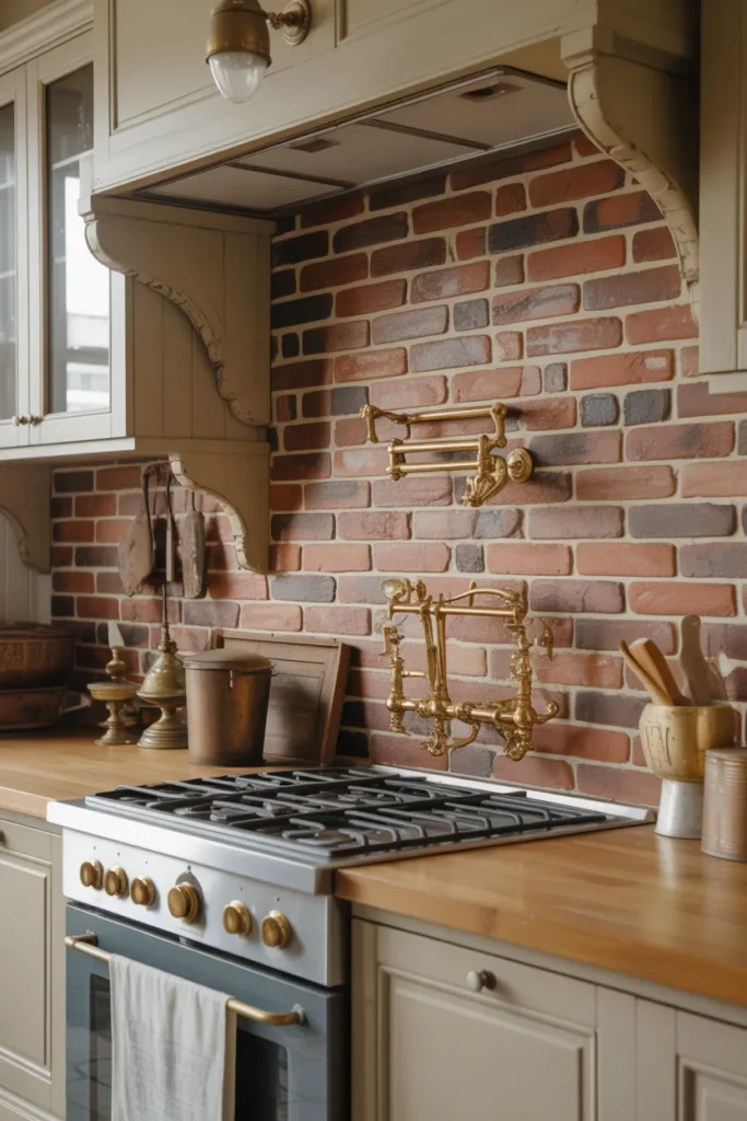 Antique-Style Brick Backsplash with Vintage Accents