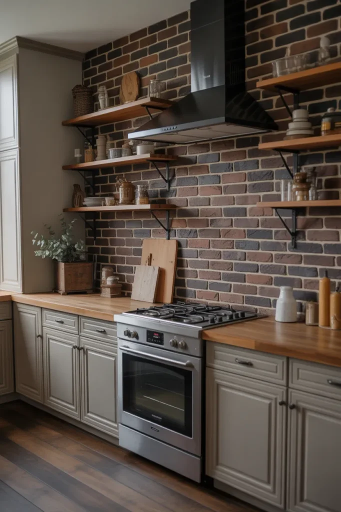 Dark Brick Backsplash for Bold Farmhouse Contrast
