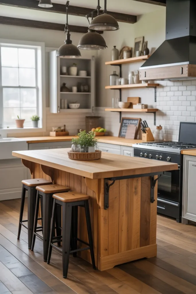 Farmhouse Kitchen Island With Black Metal Accents