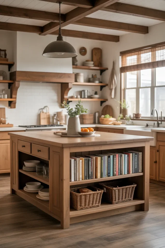 Farmhouse Kitchen Island With Built-In Bookshelf