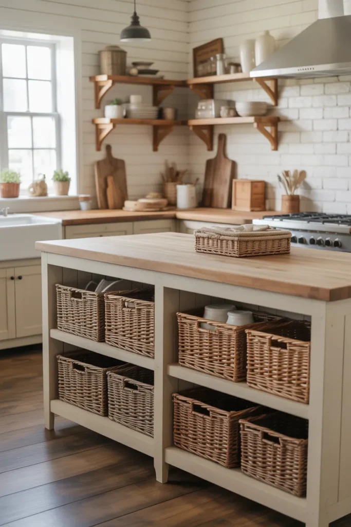 Farmhouse Kitchen Island With Open Basket Storage