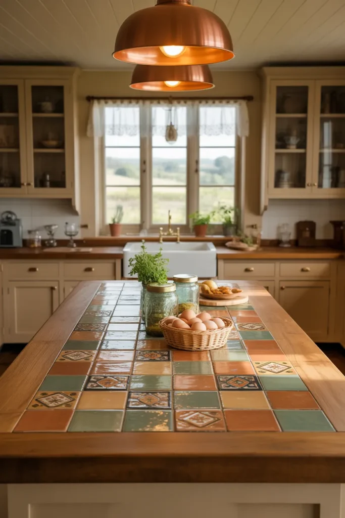 Farmhouse Kitchen Island With Rustic Tile Accents