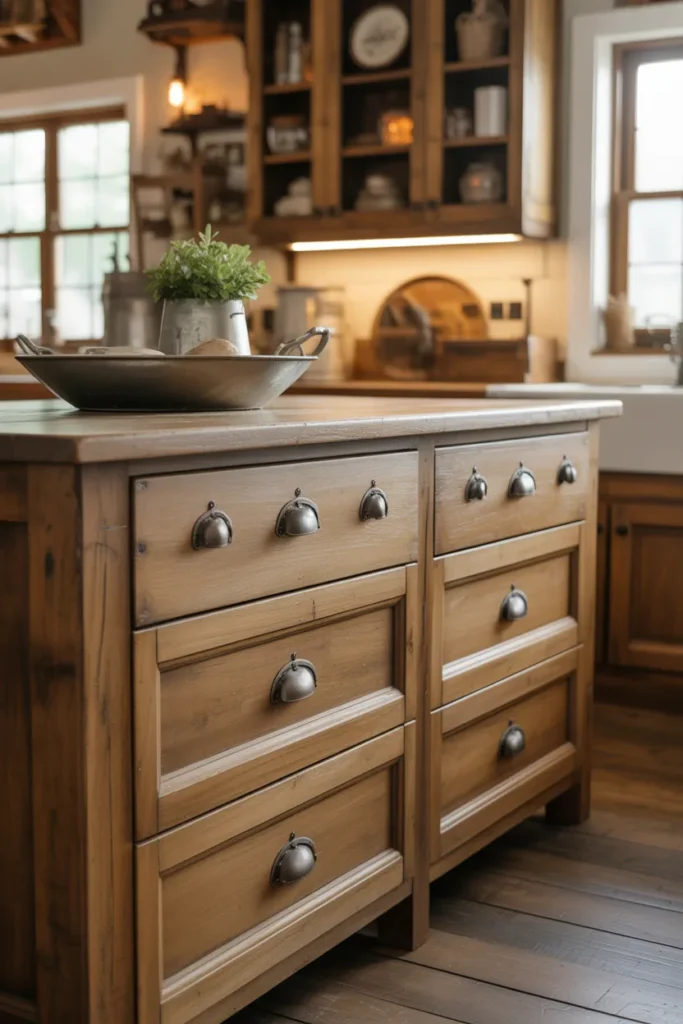 Farmhouse Kitchen Island With Vintage Storage Drawers