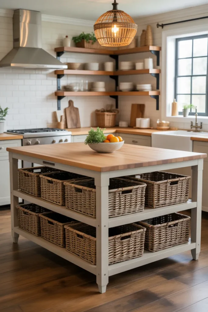Farmhouse Kitchen Island With Woven Basket Storage