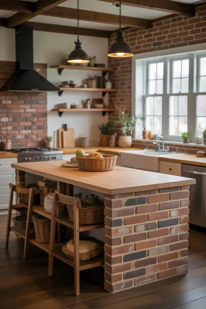 Rustic Farmhouse Kitchen Island With Brick Base