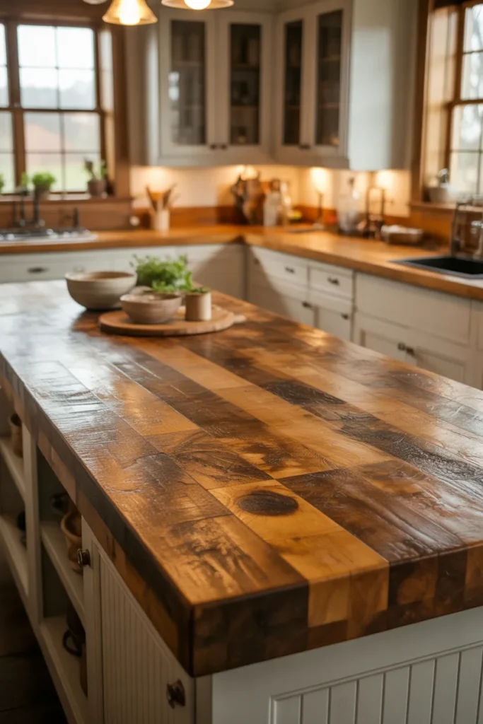 Rustic Farmhouse Kitchen Island With Chunky Wood Countertop