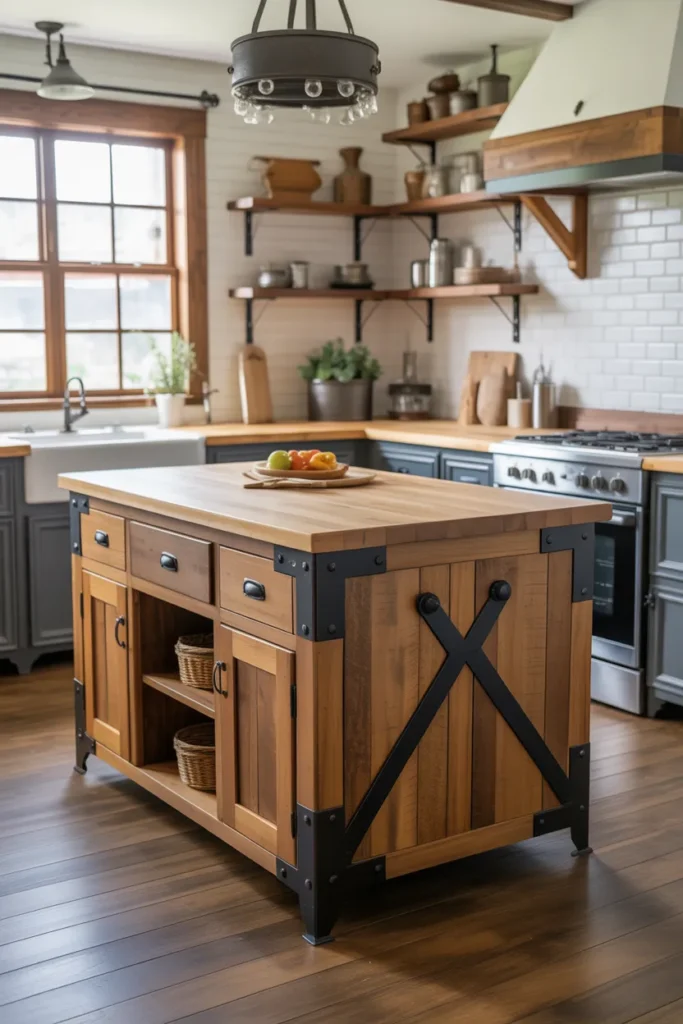Rustic Farmhouse Kitchen Island With Metal Accents