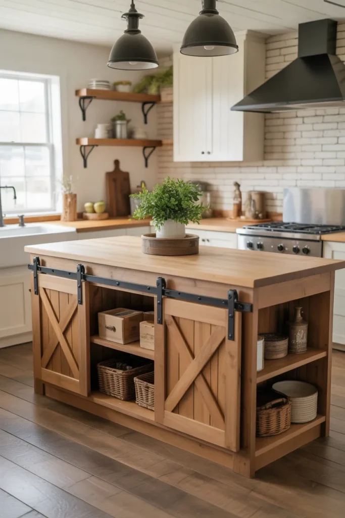 Rustic Farmhouse Kitchen Island With Sliding Barn Doors