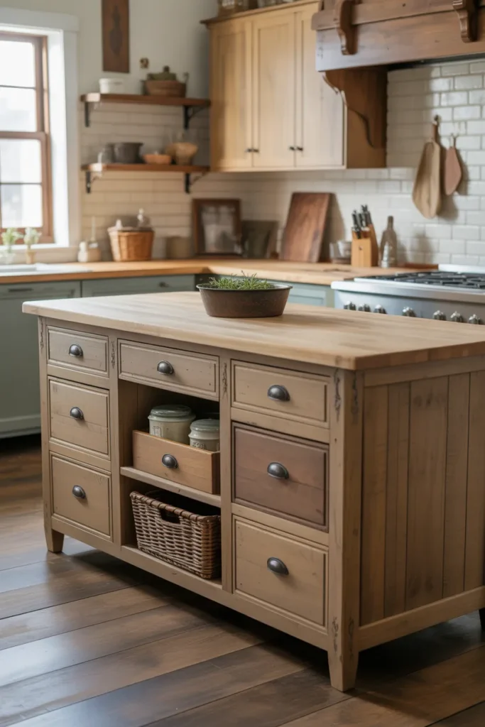 Rustic Farmhouse Kitchen Island With Vintage Storage Drawers