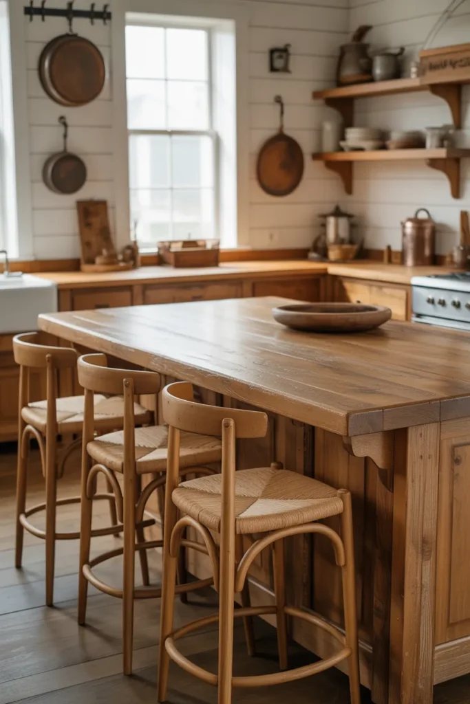 Rustic Farmhouse Kitchen Island With Warm Wood Stools