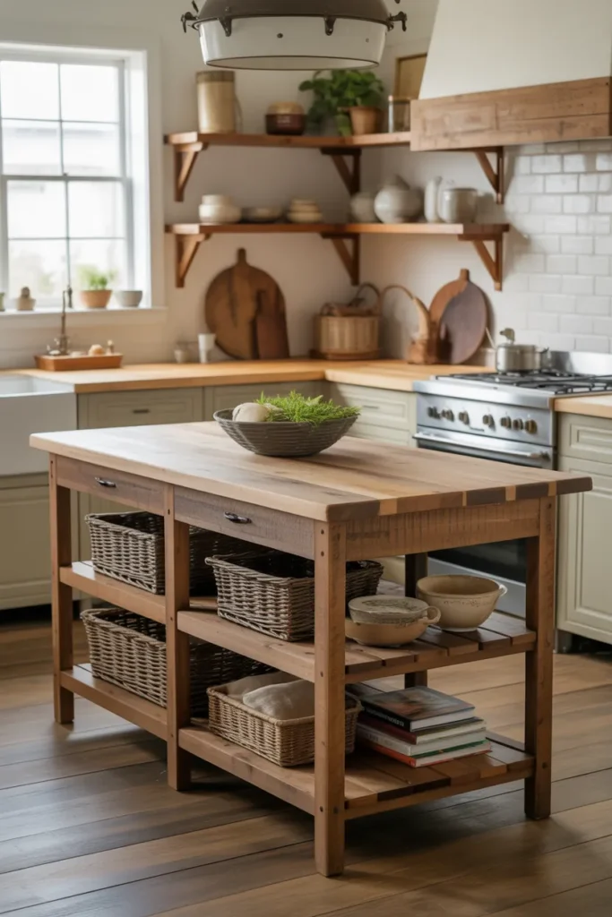 Rustic Wood Kitchen Island With Open Shelves