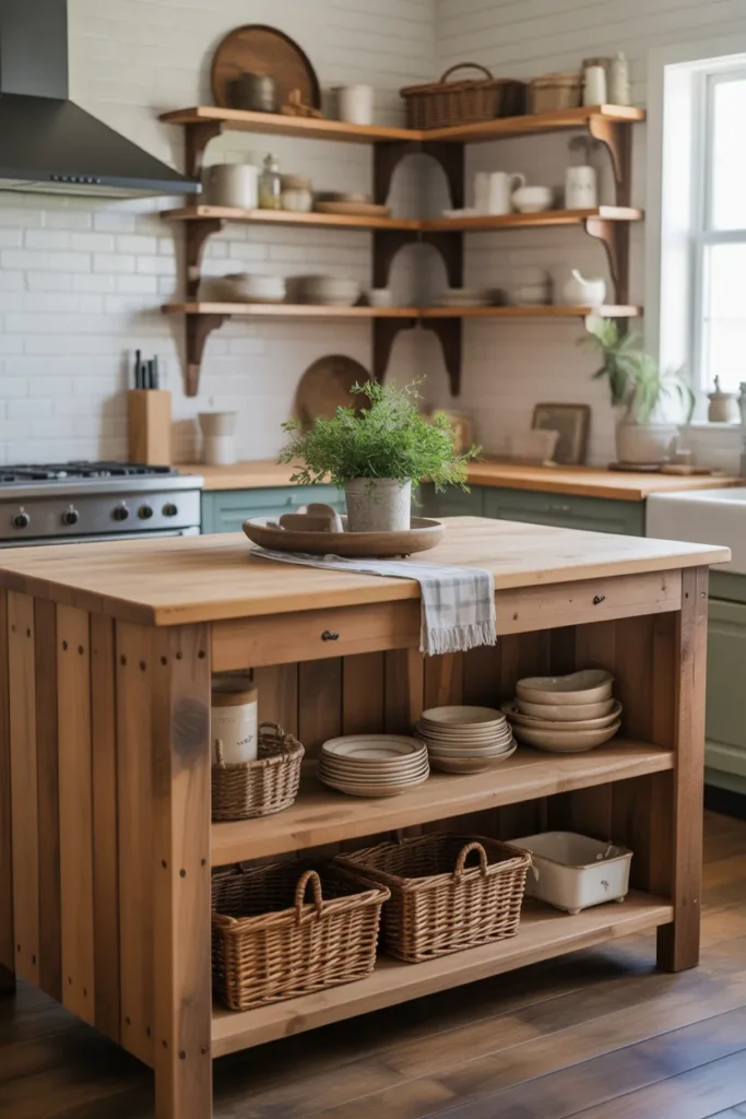 Rustic Wood Kitchen Island With Open Shelving