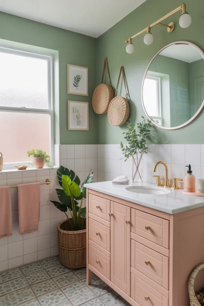 Blush Pink Vanity With Sage Green Walls