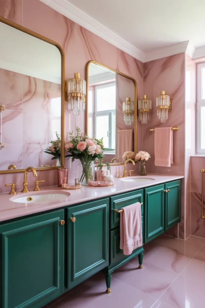 Pink Marble Bathroom With Emerald Green Accents