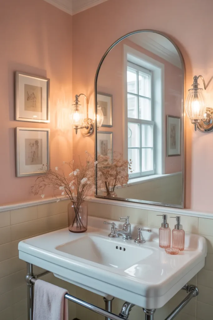  Soft Pink Bathroom With Vintage Lighting