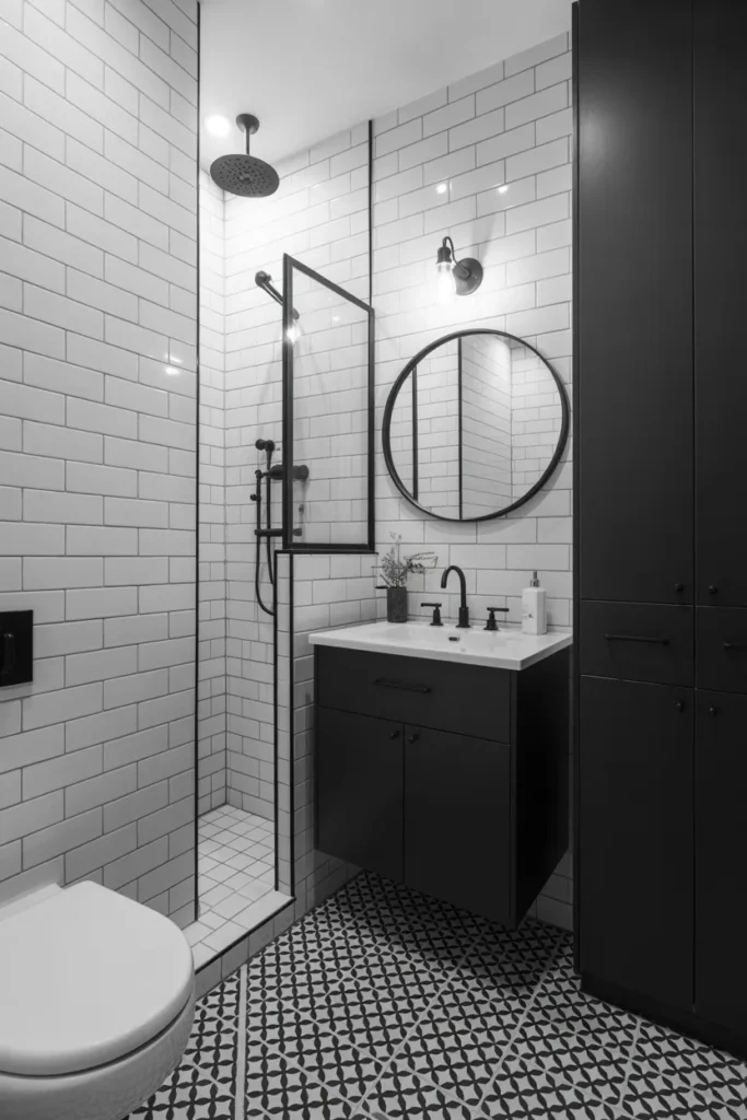   Black and White Half Bathroom with Bold Contrast