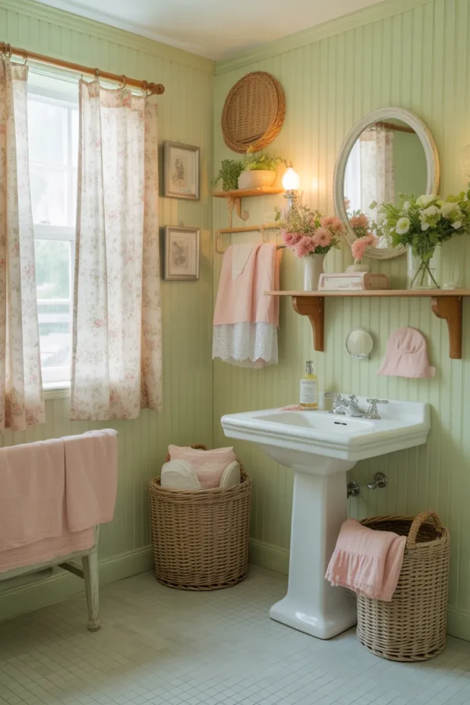 Cottage Style Pink and Green Bathroom