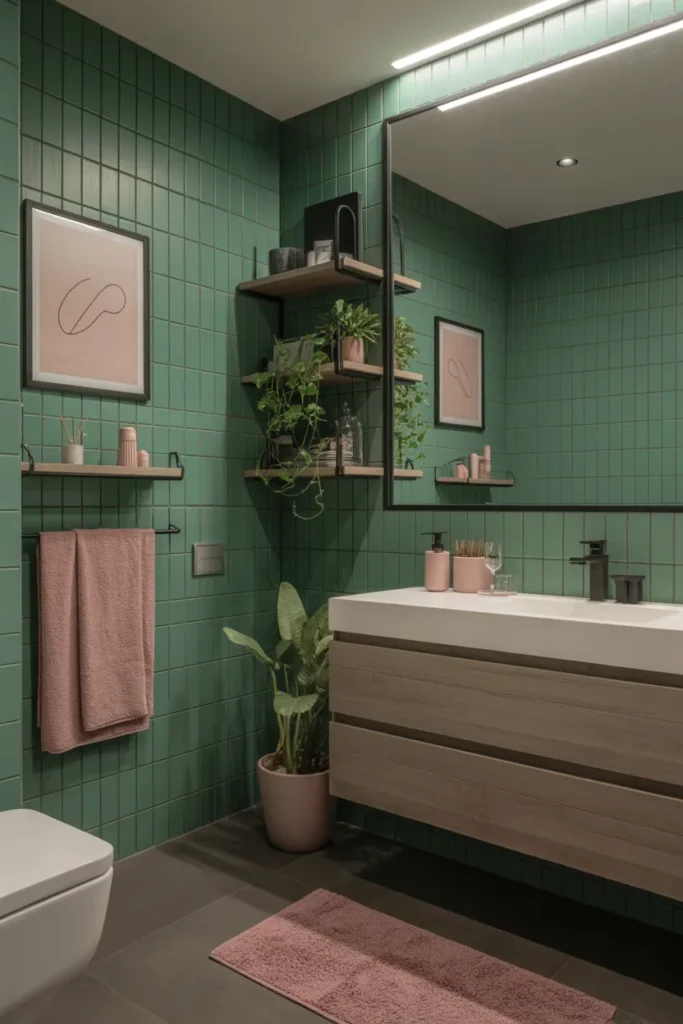 Bold Green Tiles With Dusty Pink Decor