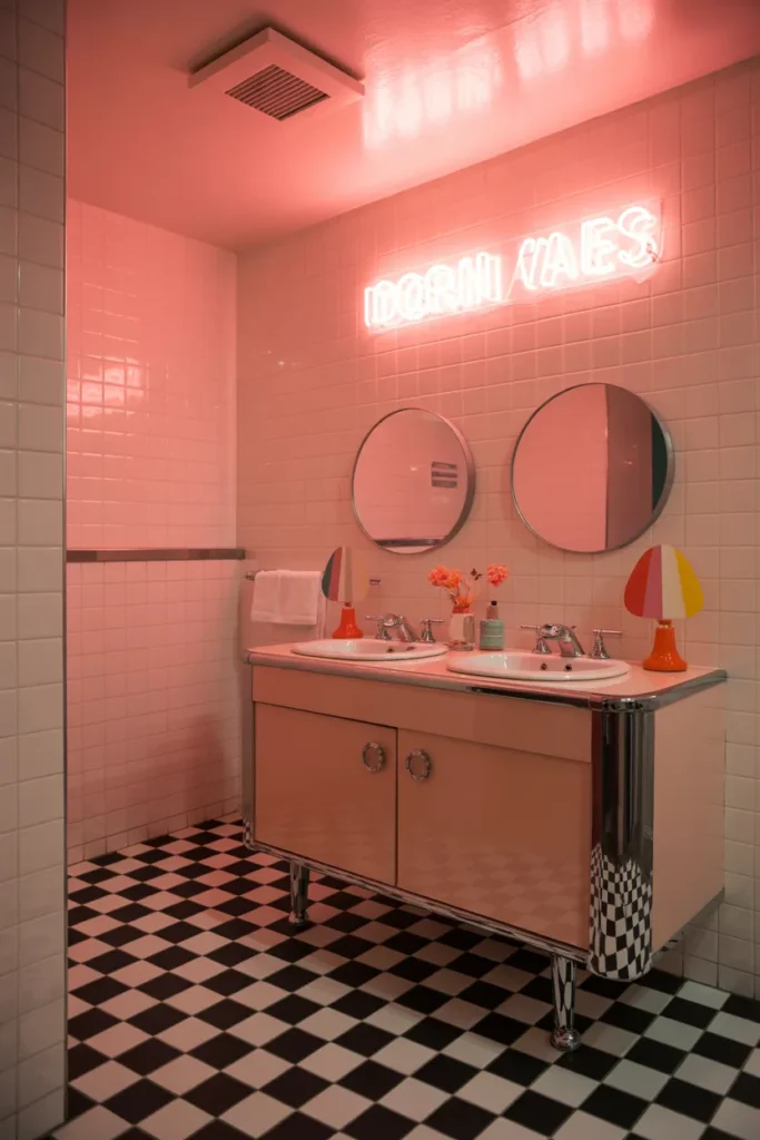  Pink Retro Bathroom With Neon Sign