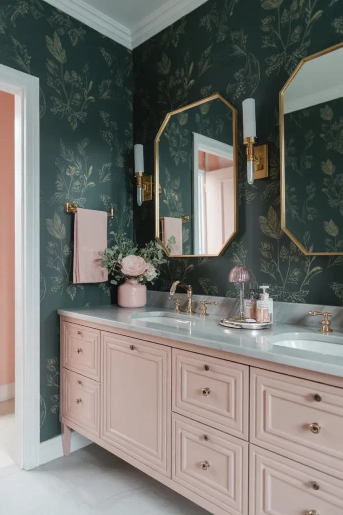 Elegant Pink Vanity With Dark Green Wallpaper