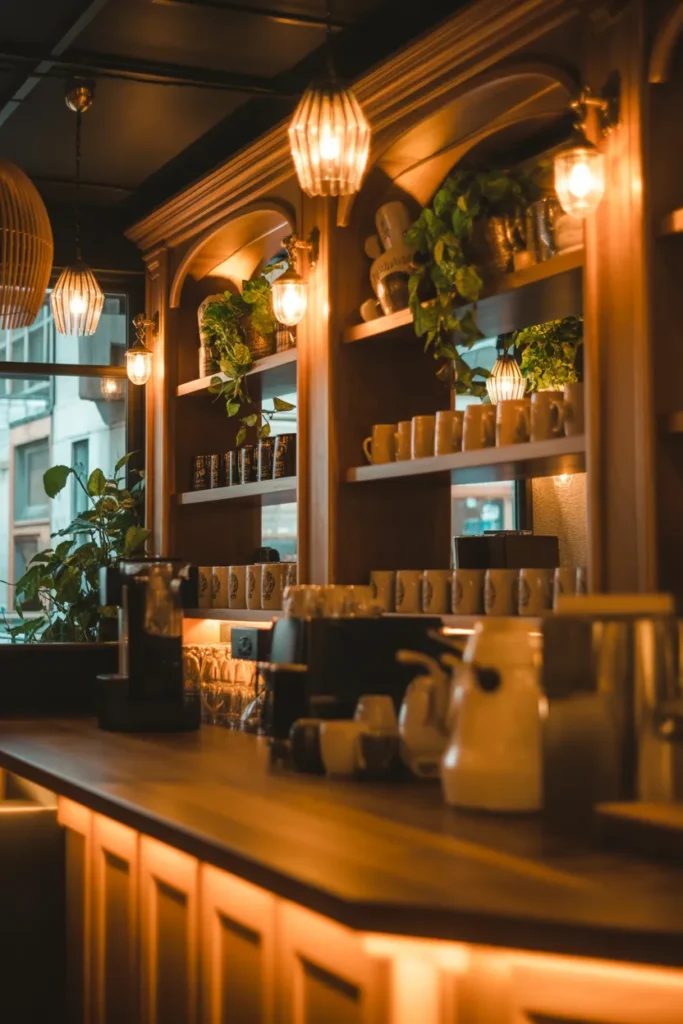 Cozy Coffee Bar with Warm Lighting