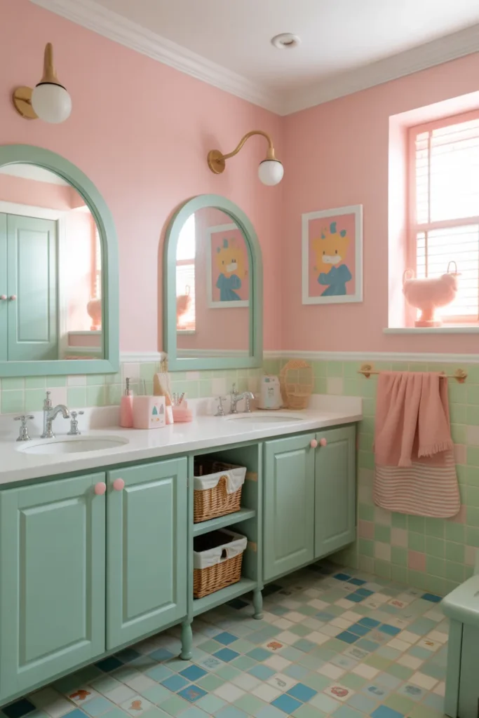 Pastel Pink and Mint Green Kids Bathroom