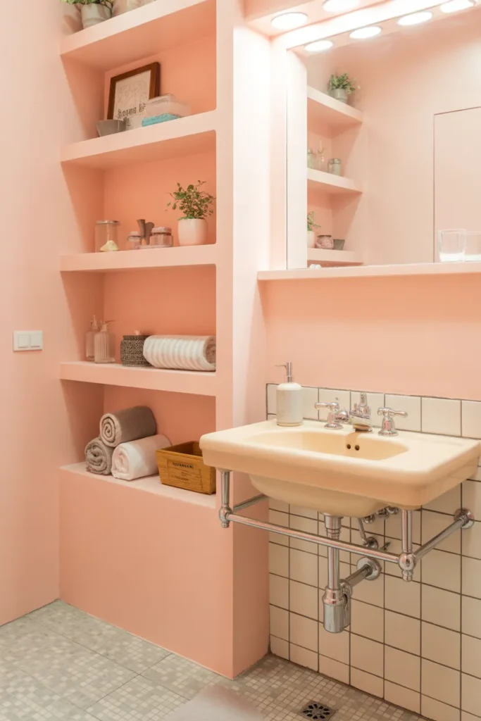  Retro Pink Bathroom With Open Shelving