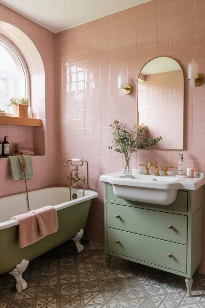 Vintage Pink Tiles With Sage Green Vanity