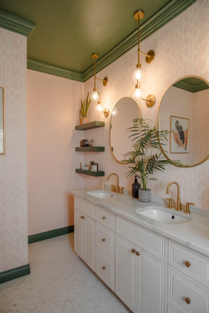 Green Ceiling With Pink Wallpaper Accents