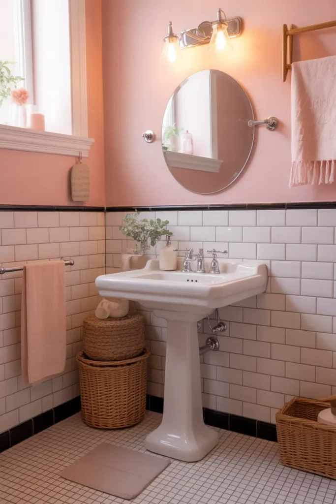  Pink Retro Bathroom With White Subway Tiles
