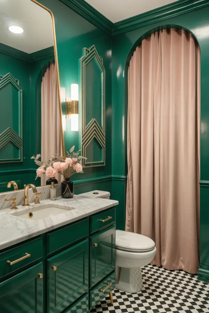 Glam Pink and Green Art Deco Bathroom
