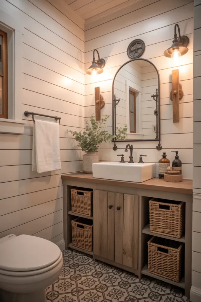  Farmhouse Style Half Bathroom with Shiplap Walls