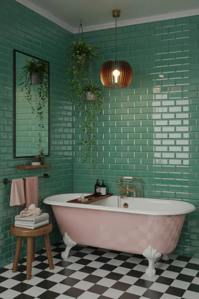 Pink Bathtub With Green Subway Tiles
