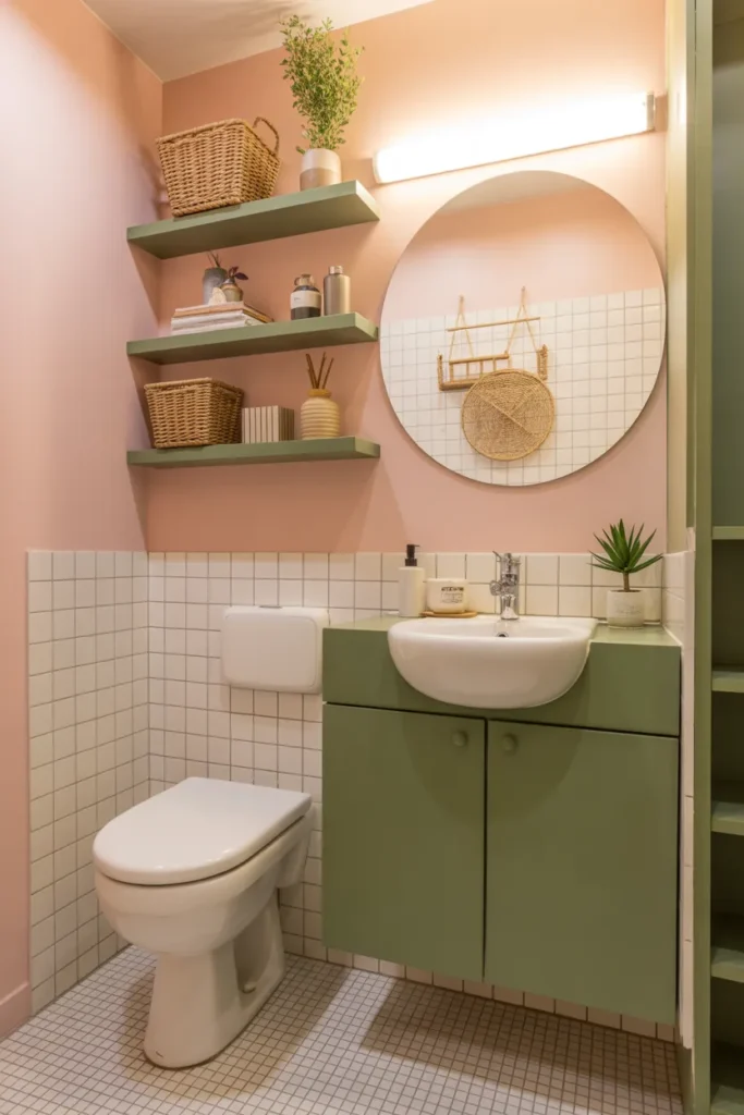 Cozy Pink and Green Apartment Bathroom