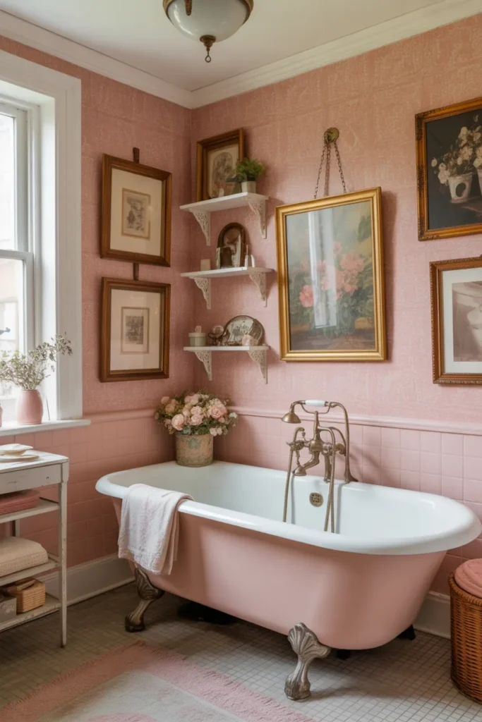  Retro Pink Bathroom With Vintage Wallpaper
