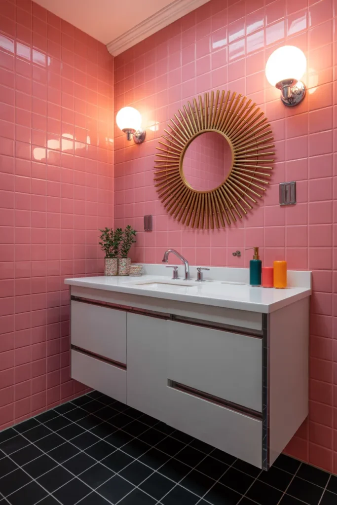   Bright Pink Retro Bathroom With Sunburst Mirror