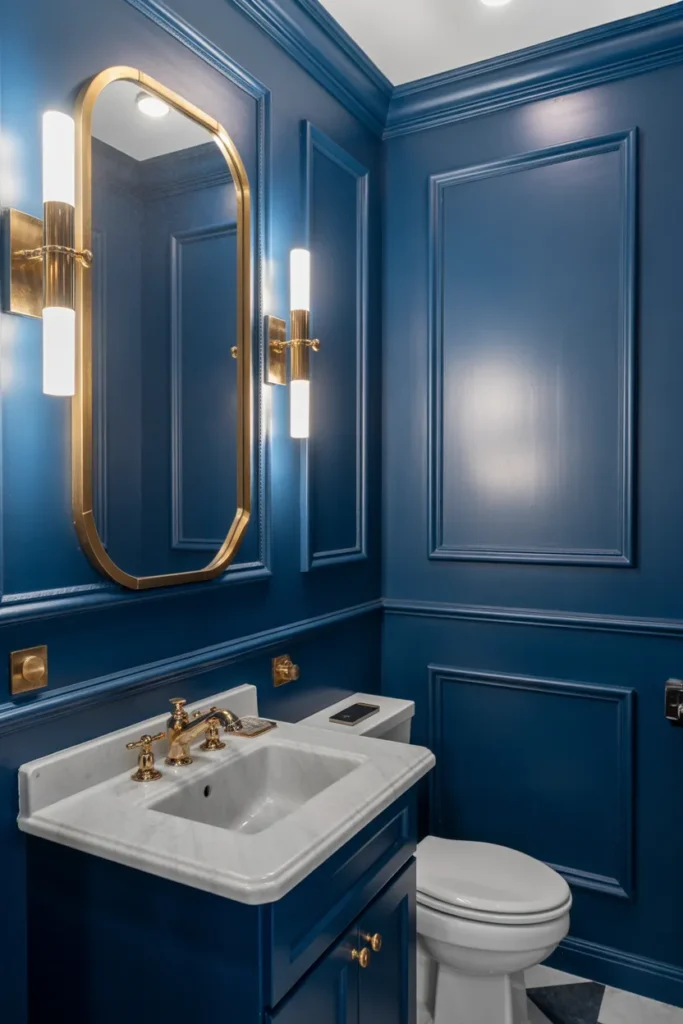  Elegant Navy Blue Half Bathroom with Gold Details