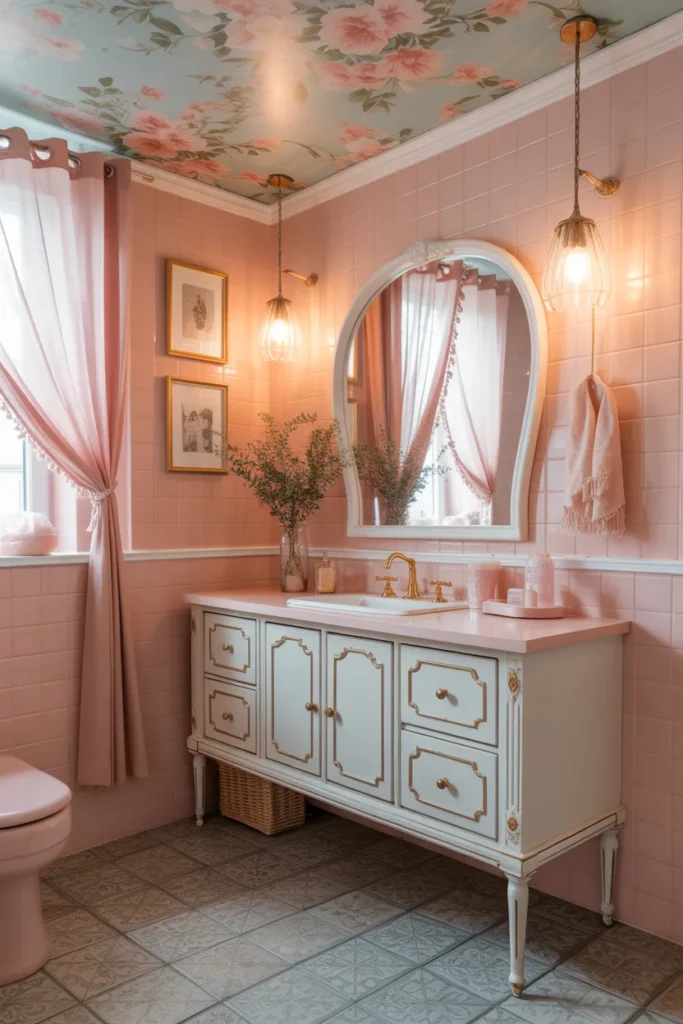 Retro Pink Bathroom With Ceiling Wallpaper
