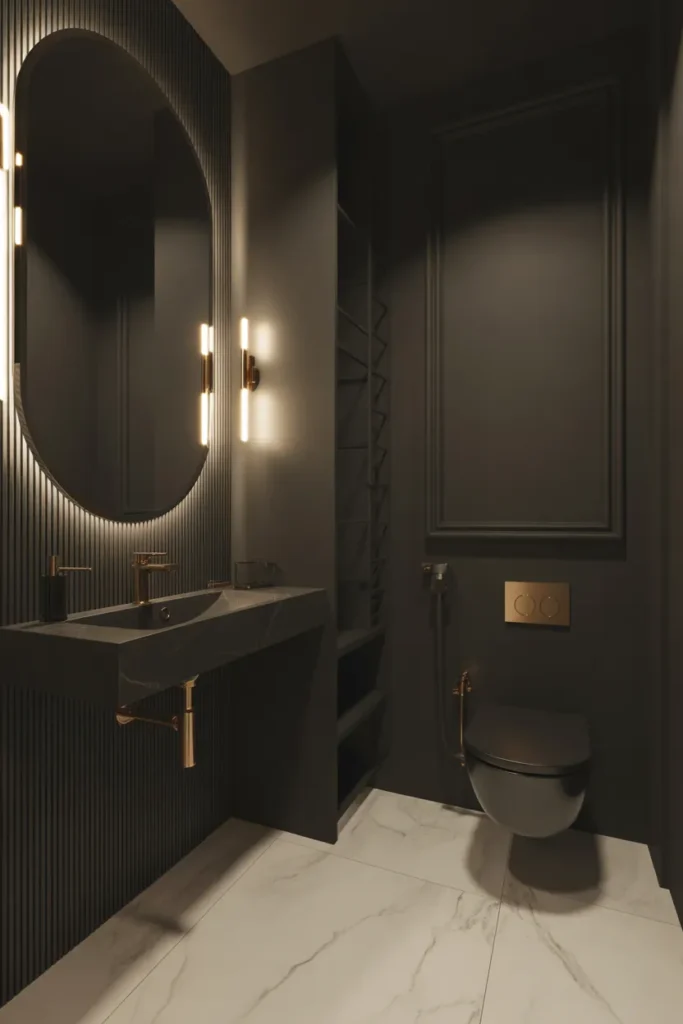  Modern Dark Half Bathroom with Gold Accents