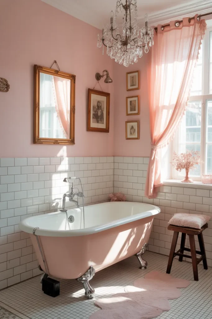  Retro Pink Bathroom With Clawfoot Tub
