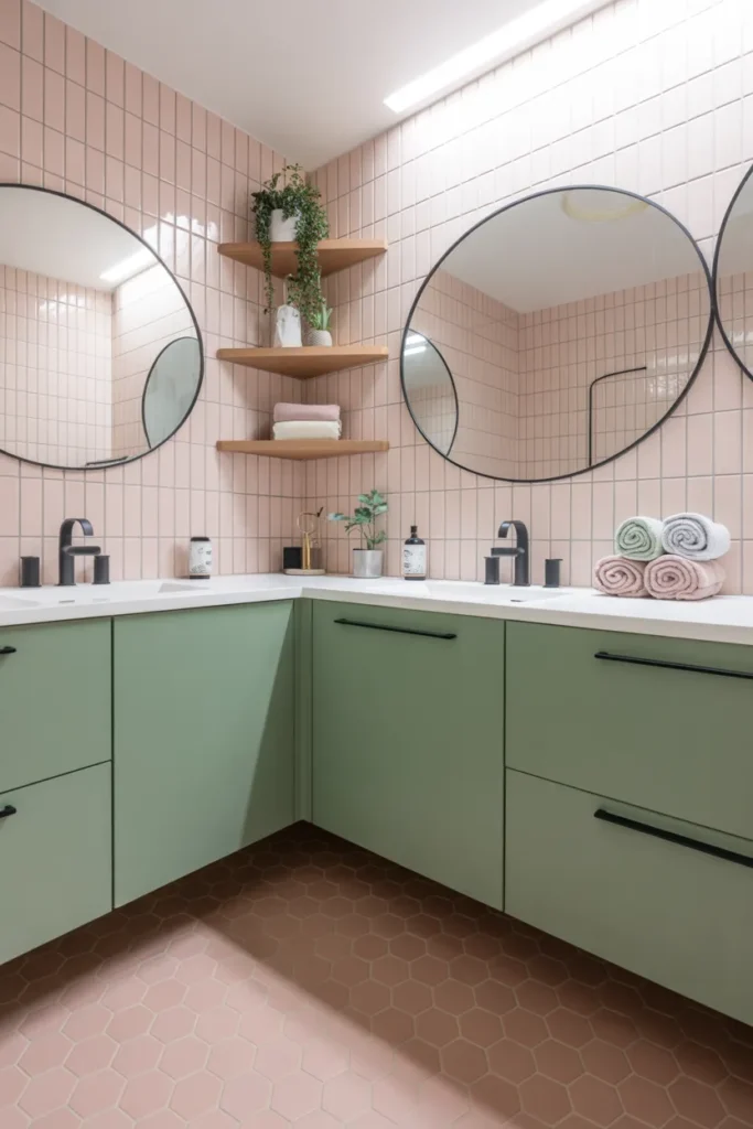 Mint Green Cabinets With Pink Hexagon Tiles