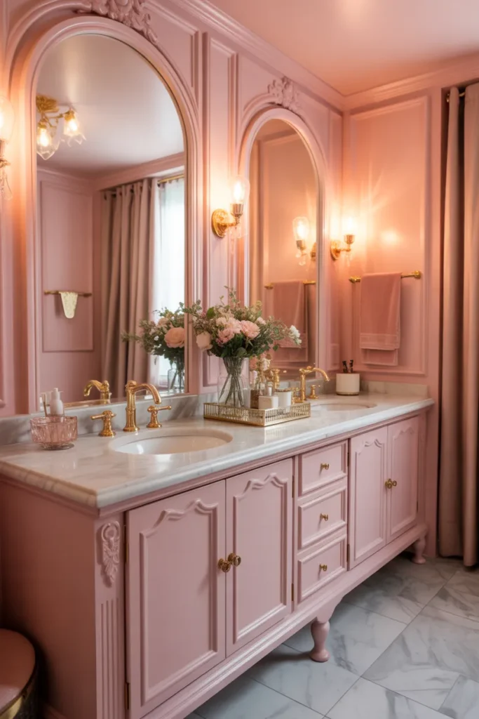  Glam Pink Bathroom With Gold Fixtures