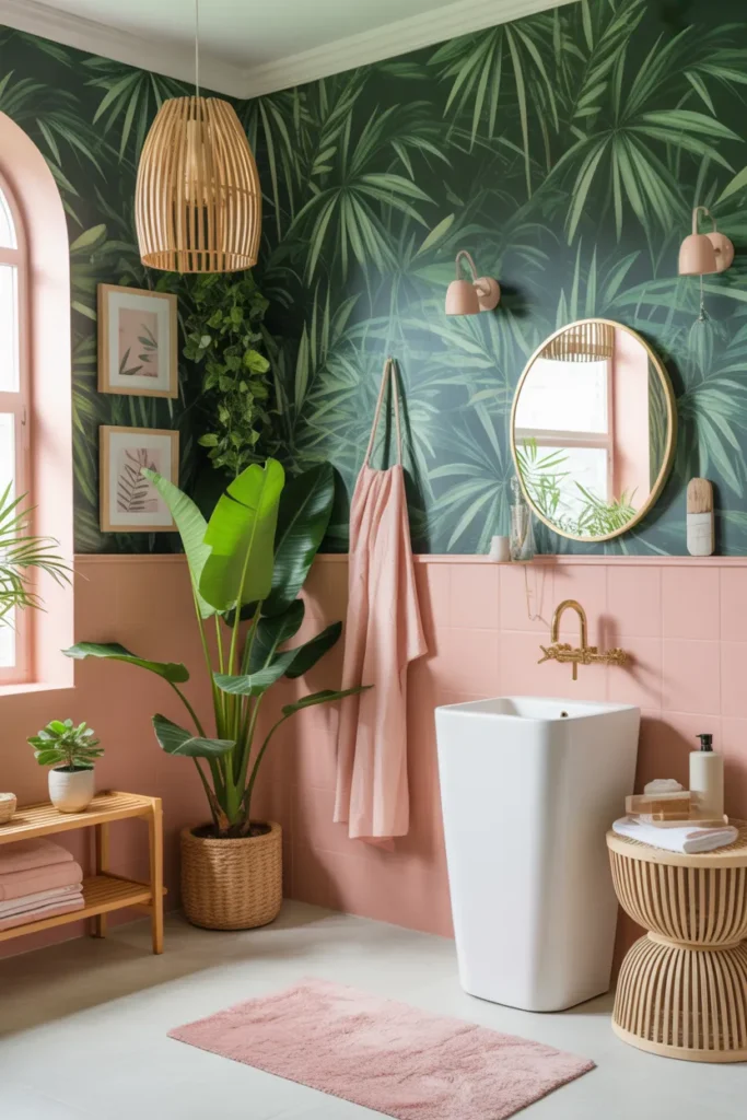 Tropical Pink and Green Bathroom Retreat